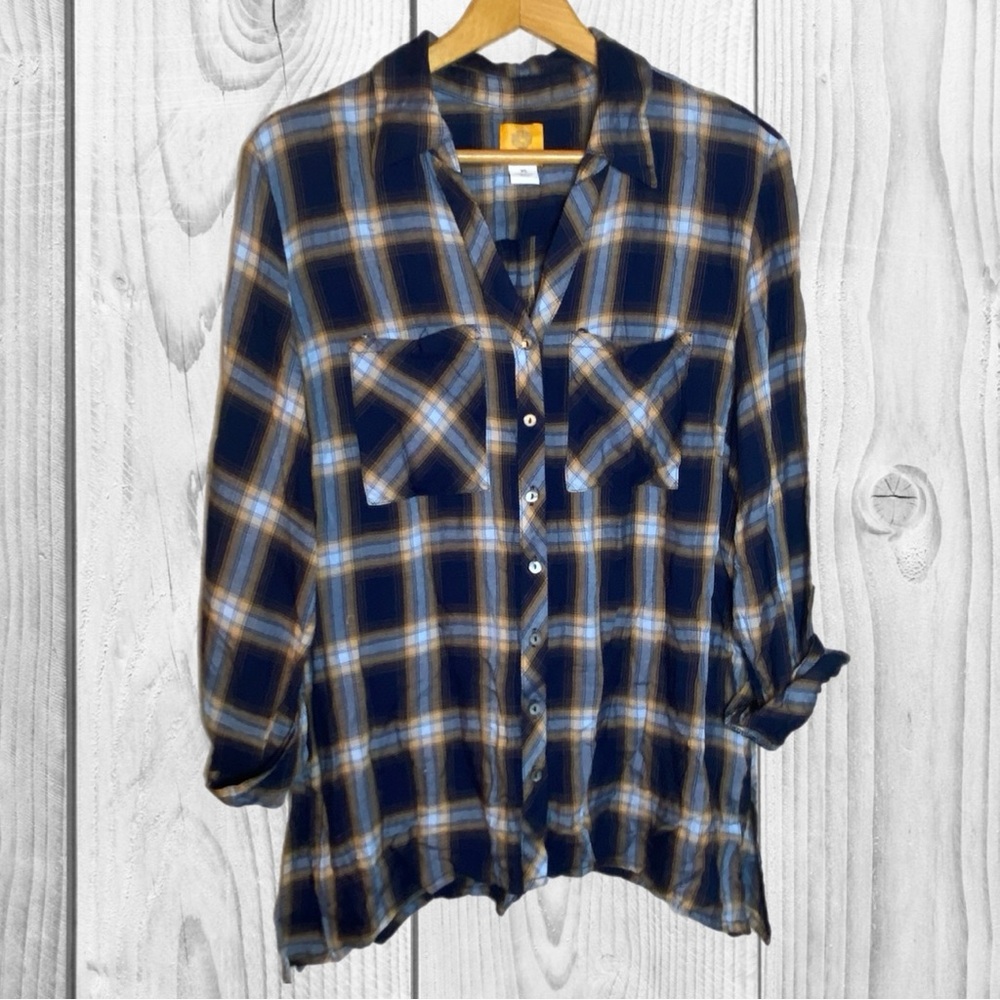Ruby Rd.‎ Blue and orange Plaid Button Down Shirt Blouse size XL